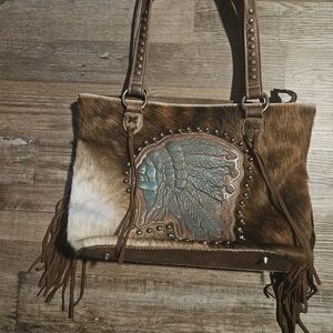 Montana West Brown and Cream Shoulder Bag with Turquoise Accent
